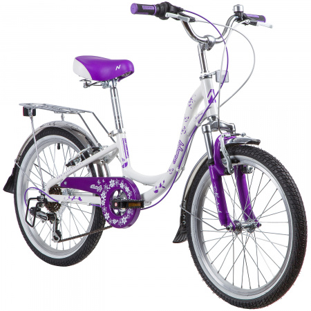 Велосипед NOVATRACK BUTTERFLY 20" (2019) (Велосипед NOVATRACK 20", BUTTERFLY, белый-фиолет., сталь, 6-скор, TY21/RS35/SG-6SI, V-brake)