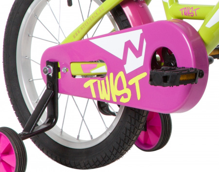 NOVATRACK TWIST 16" (2020) (Велосипед NOVATRACK 16" TWIST зеленый, тормоз нож, крылья корот, полная защ.цепи, корзина)