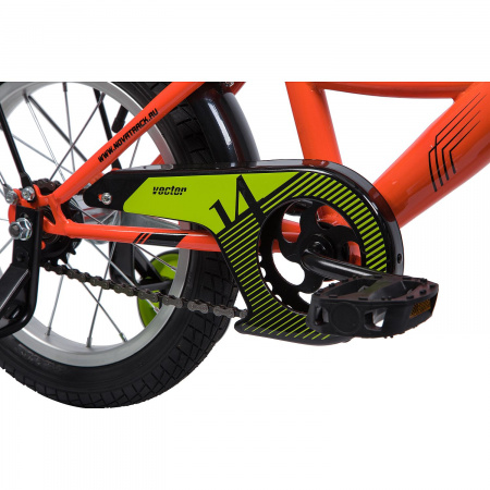 Велосипед NOVATRACK VECTOR 14" (2019) (Велосипед NOVATRACK 14", VECTOR, оранжевый, защита А-тип, тормоз нож., крылья и багажник чёрн.)