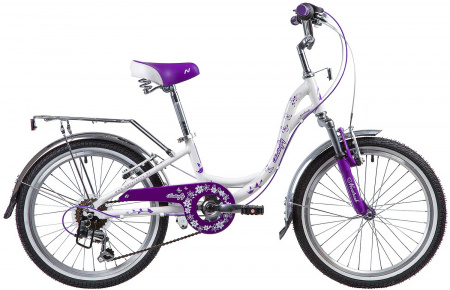 Велосипед NOVATRACK BUTTERFLY 20" (2019) (Велосипед NOVATRACK 20", BUTTERFLY, белый-фиолет., сталь, 6-скор, TY21/RS35/SG-6SI, V-brake)