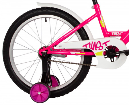Велосипед Novatrack Twist 20 (2025) (Велосипед NOVATRACK 20" TWIST розовый, тормоз нож, крылья корот, защита цепи, корзина)