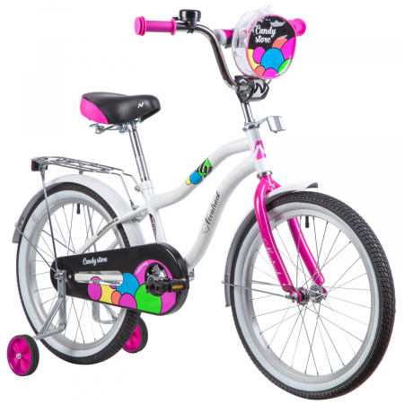 Велосипед Novatrack Candy 20" (2023) (Велосипед NOVATRACK 20", CANDY, белый, полная защита цепи, тормоз нож., сумочка на руль, крылья и ба)