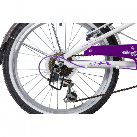 Велосипед NOVATRACK BUTTERFLY 20" (2019) (Велосипед NOVATRACK 20", BUTTERFLY, белый-фиолет., сталь, 6-скор, TY21/RS35/SG-6SI, V-brake)