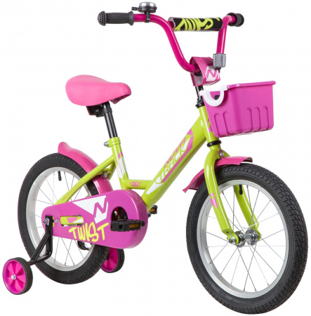 NOVATRACK TWIST 16" (2020) (Велосипед NOVATRACK 16" TWIST зеленый, тормоз нож, крылья корот, полная защ.цепи, корзина)
